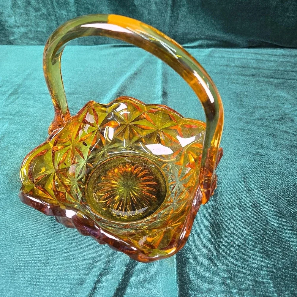 Indiana Glass Monticello Pattern Yellow Mist‎ Amber Handled Basket 6
